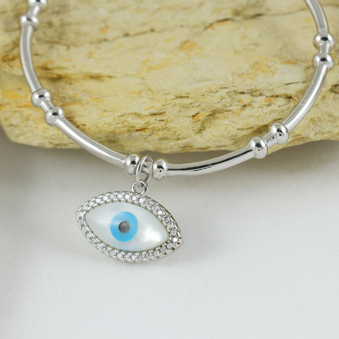 Eternal Bling Sterling Silver Italian Kada Evil Eye Oval Blue