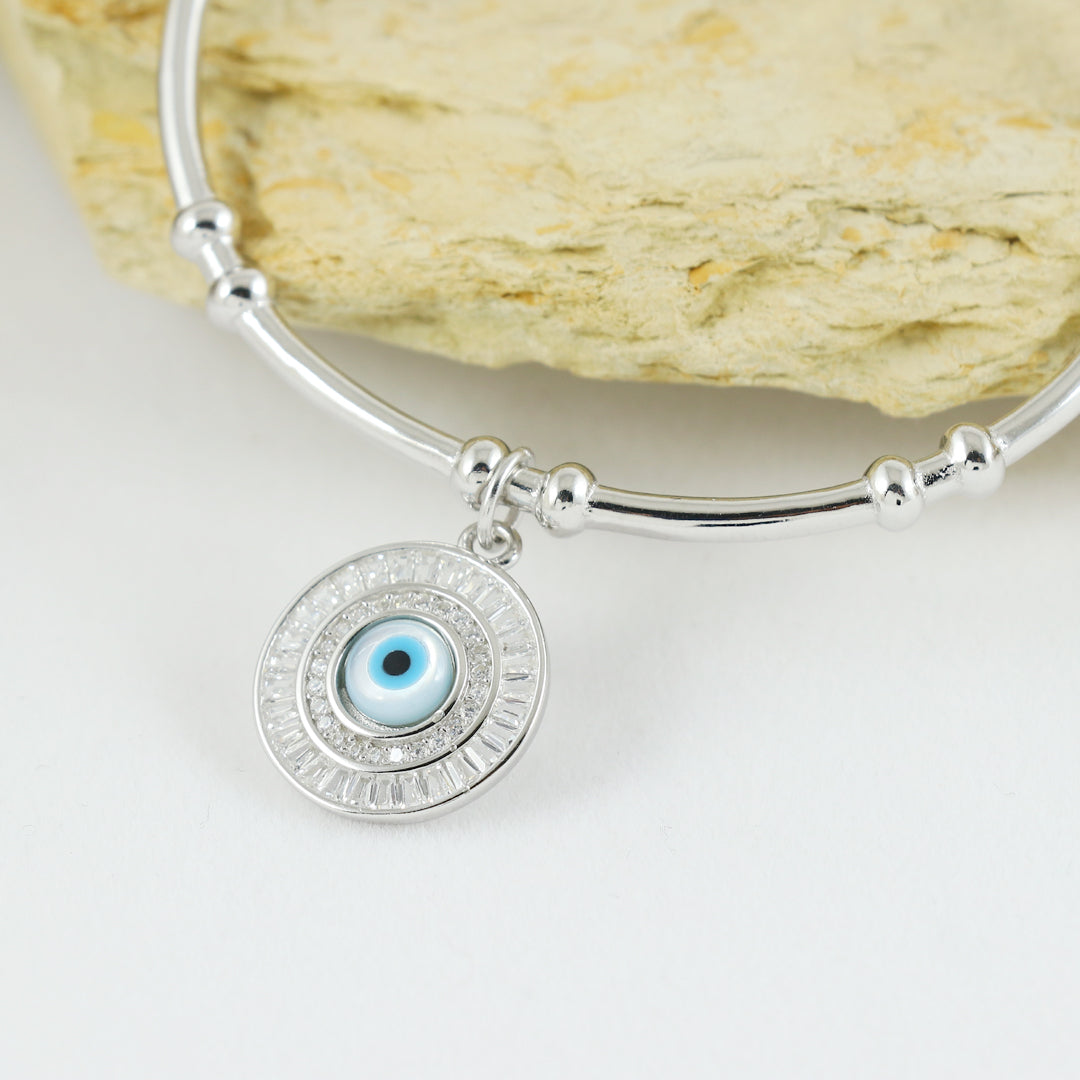 Eternal Bling Sterling Silver Italian Kada Evil Eye Round Blue