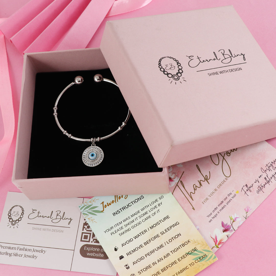 Eternal Bling Sterling Silver Italian Kada Evil Eye Round Blue