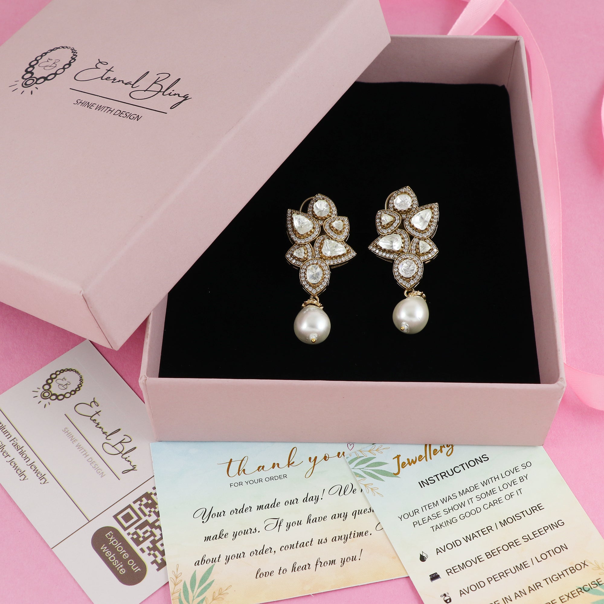Eternal Bling Pearl Drop Polki Hanging Earrings
