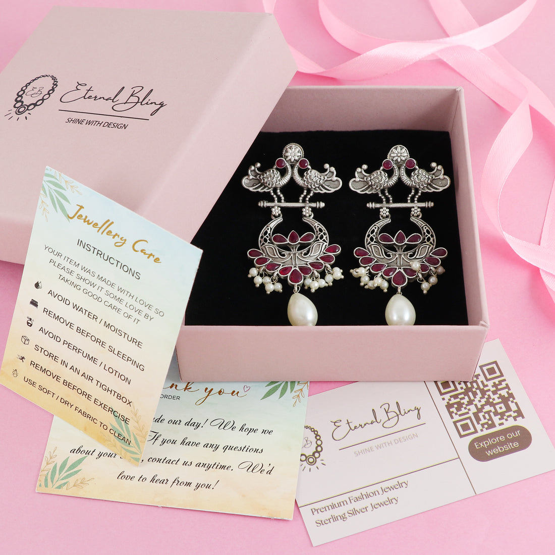 Eternal Bling Silver Chaand Balis with pearl Drops