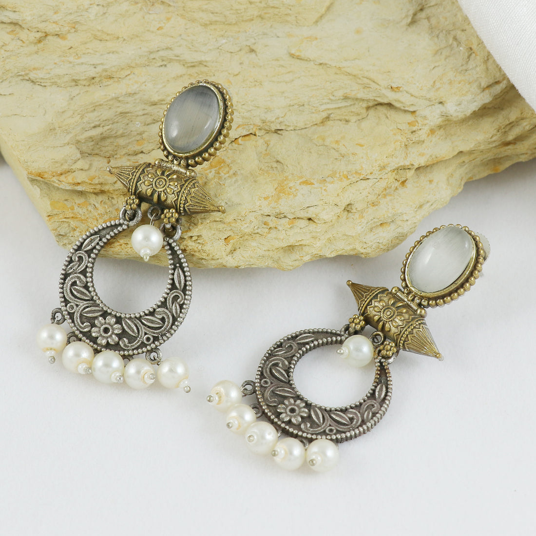 Eternal Bling Oxidised Chaand Balis with Pearl Droplets