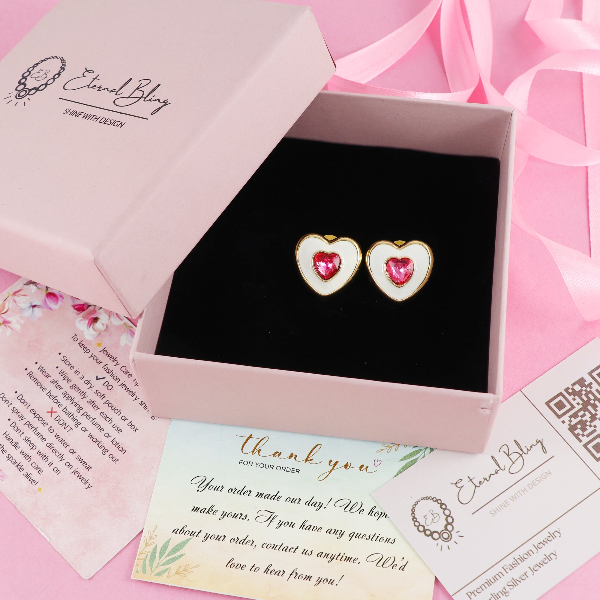 Eternal Bling White and Pink Heart Shape Studs