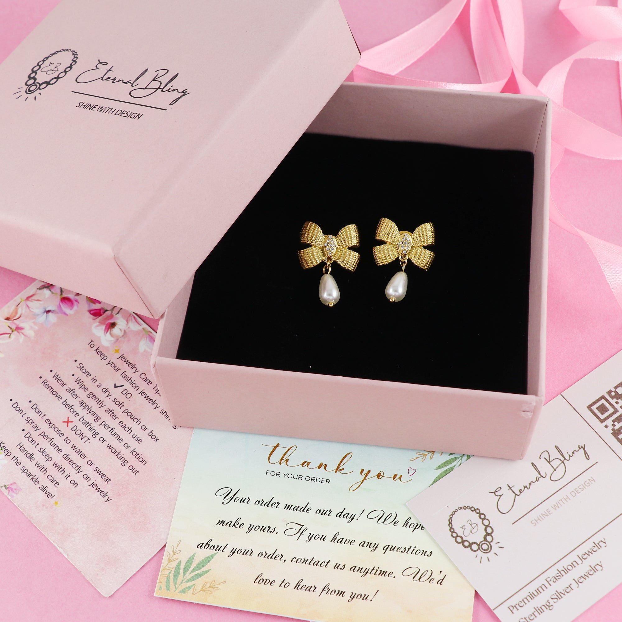 Eternal Bling Bow Shaped with pearl Drop earring