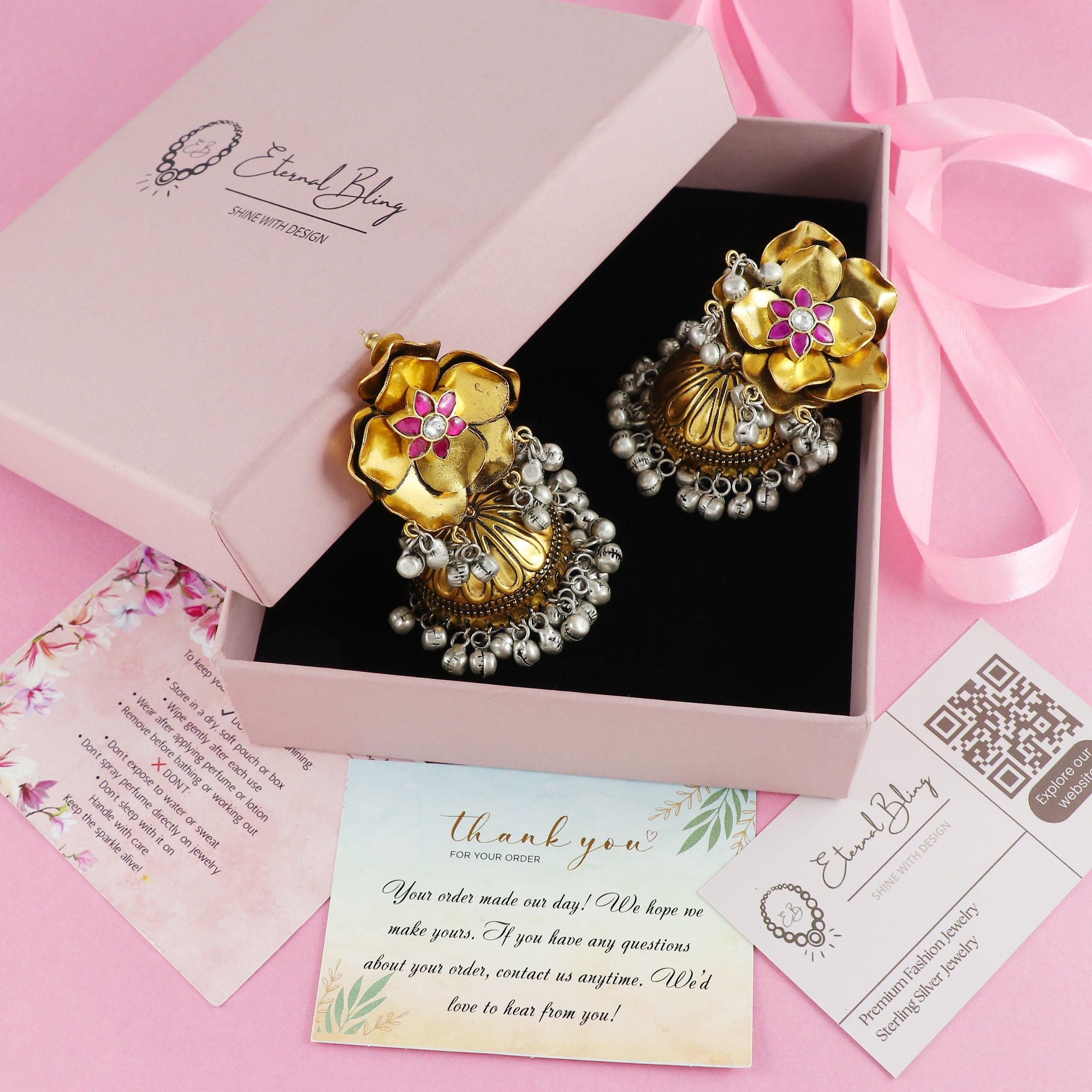 Eternal Bling Flower Pink Jhumkis