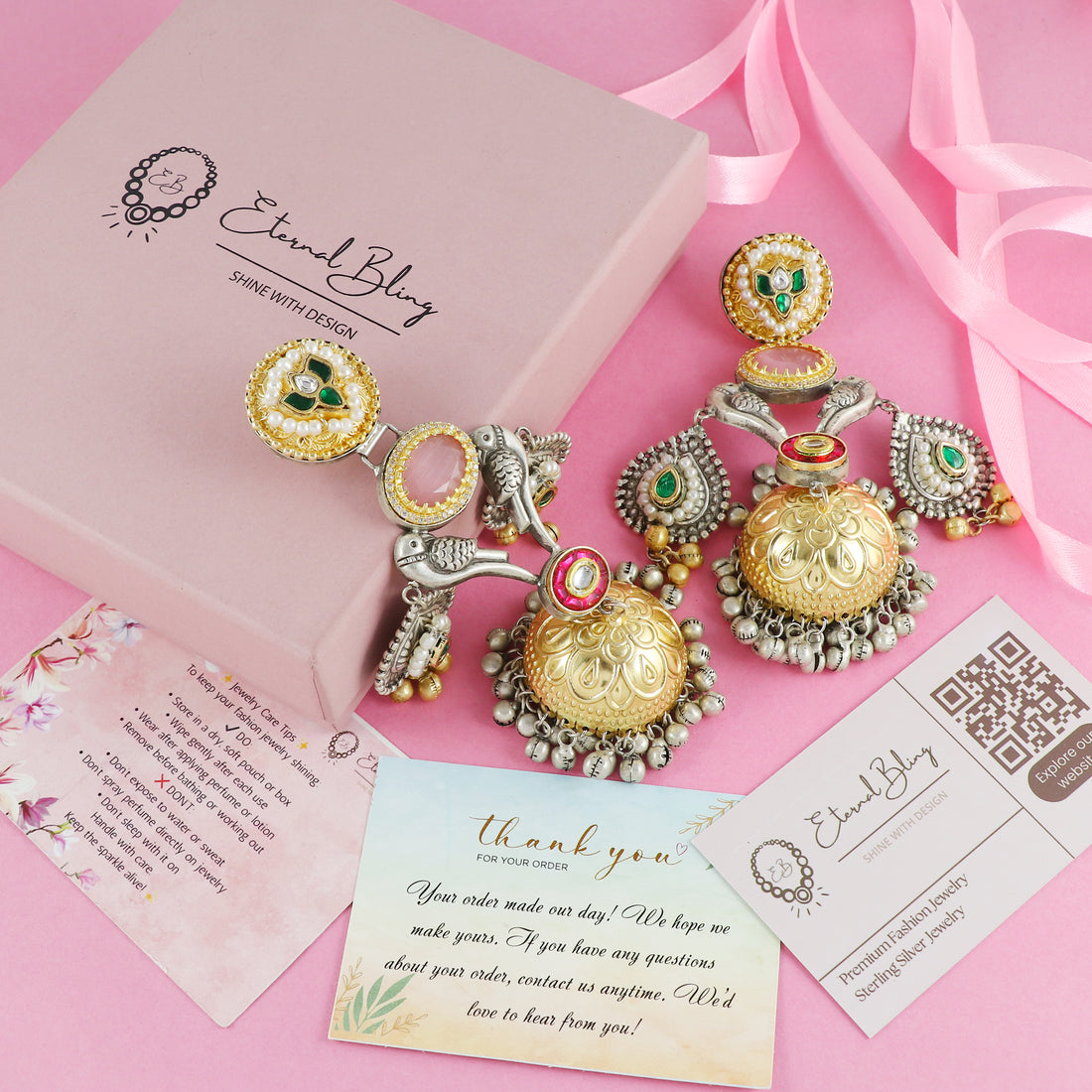 Eternal Bling Premium Designer Parrot Green and Pink Jhumkis