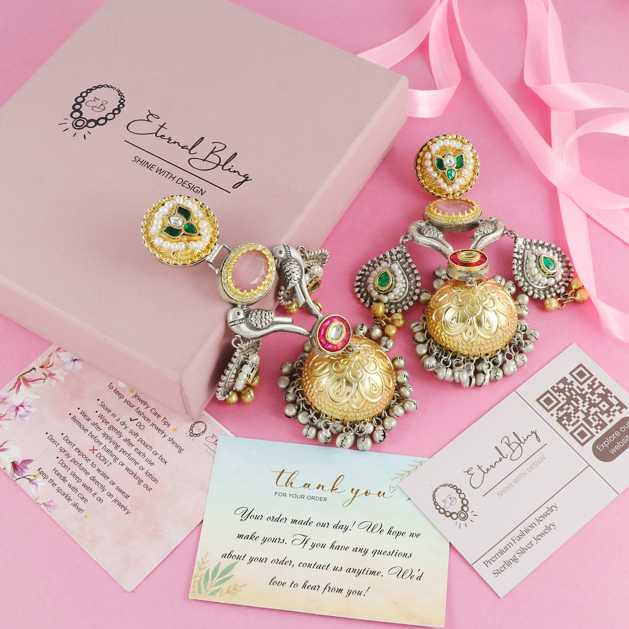 Eternal Bling Premium Designer Parrot Green and Pink Jhumkis