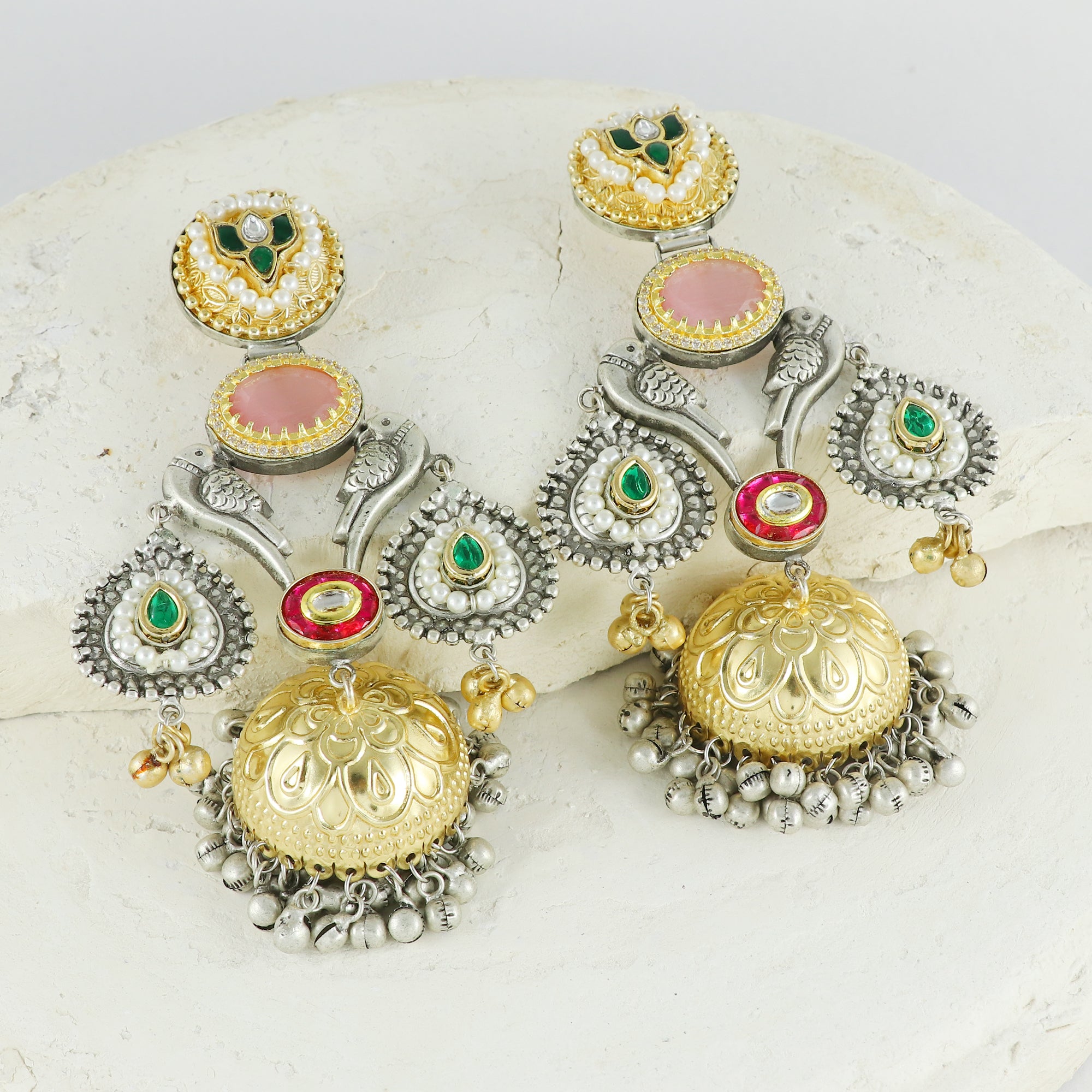 Eternal Bling Premium Designer Parrot Green and Pink Jhumkis