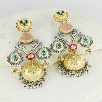 Eternal Bling Premium Designer Parrot Green and Pink Jhumkis
