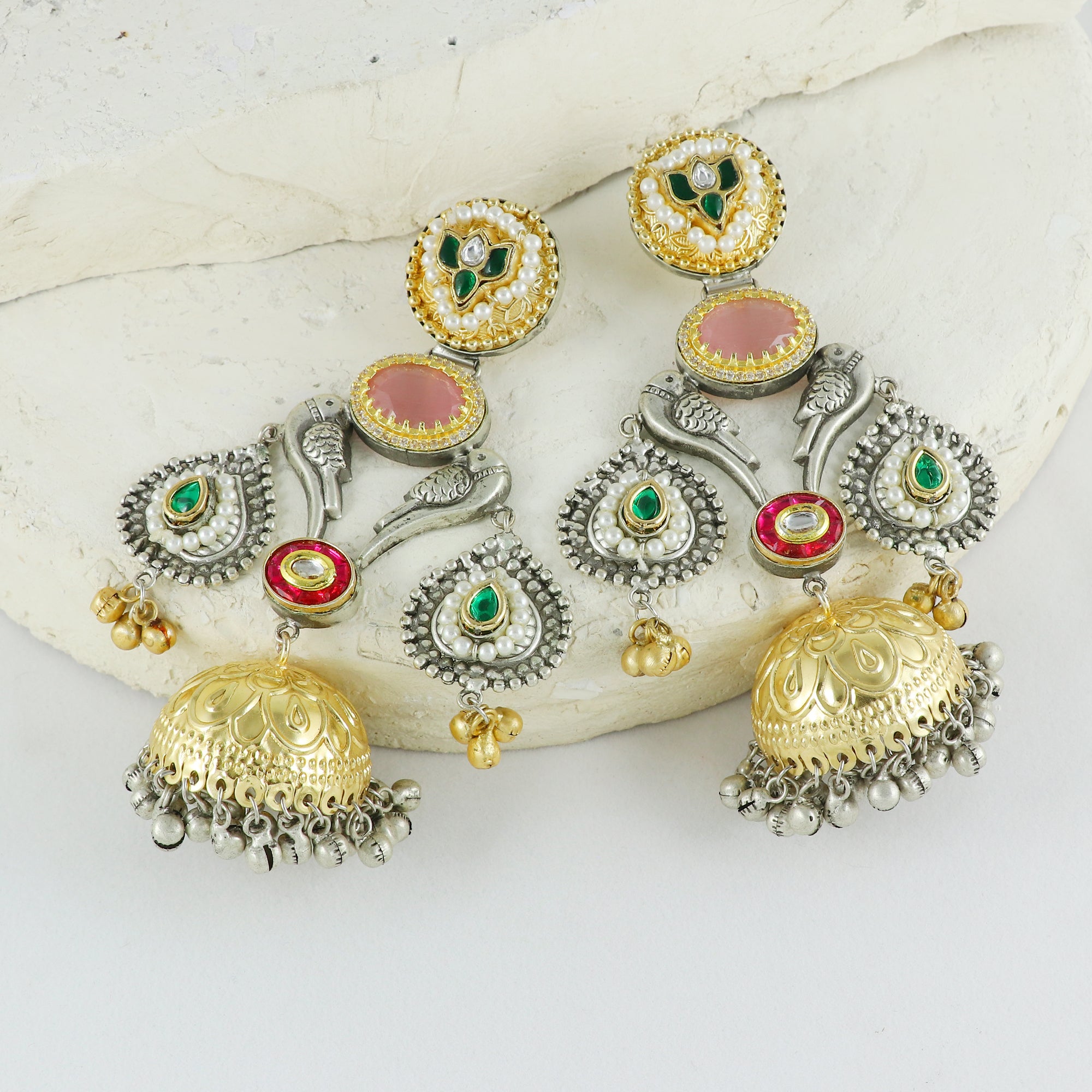 Eternal Bling Premium Designer Parrot Green and Pink Jhumkis