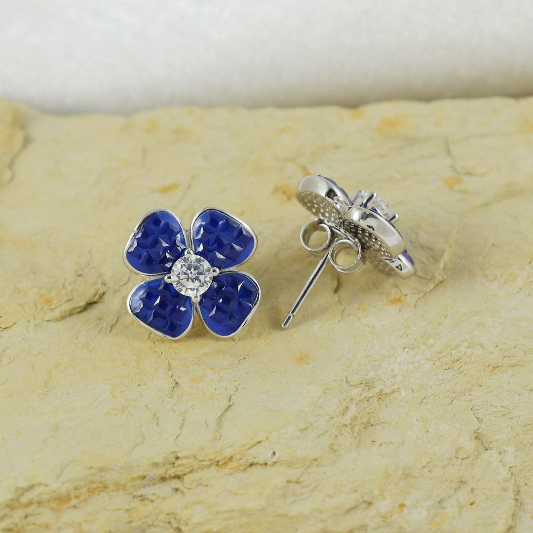 Eternal Bling Sterling Silver Blue Flower Invisible Studs