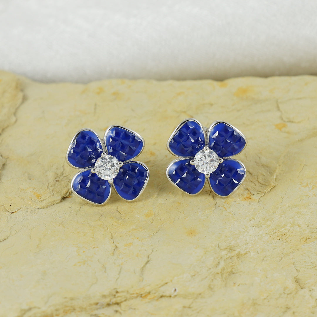 Eternal Bling Sterling Silver Blue Flower Invisible Studs
