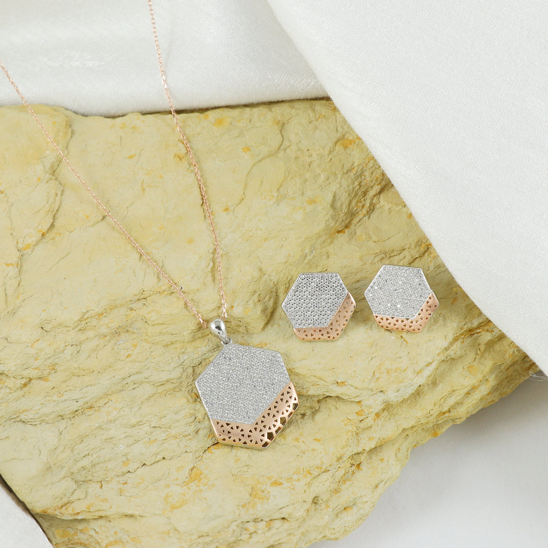 Eternal Bling Sterling Silver Matt Pentagon Pendant set