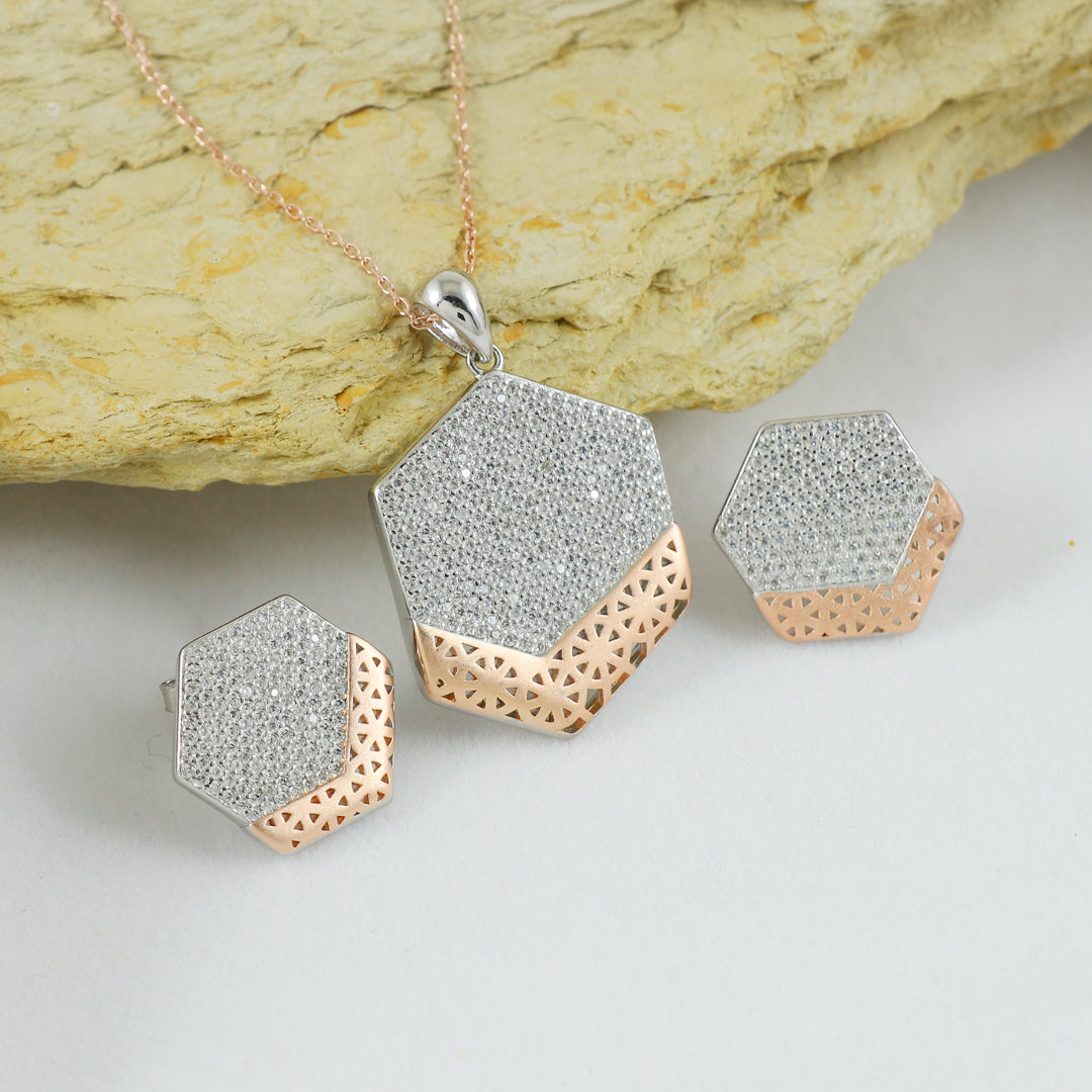 Eternal Bling Sterling Silver Matt Pentagon Pendant set