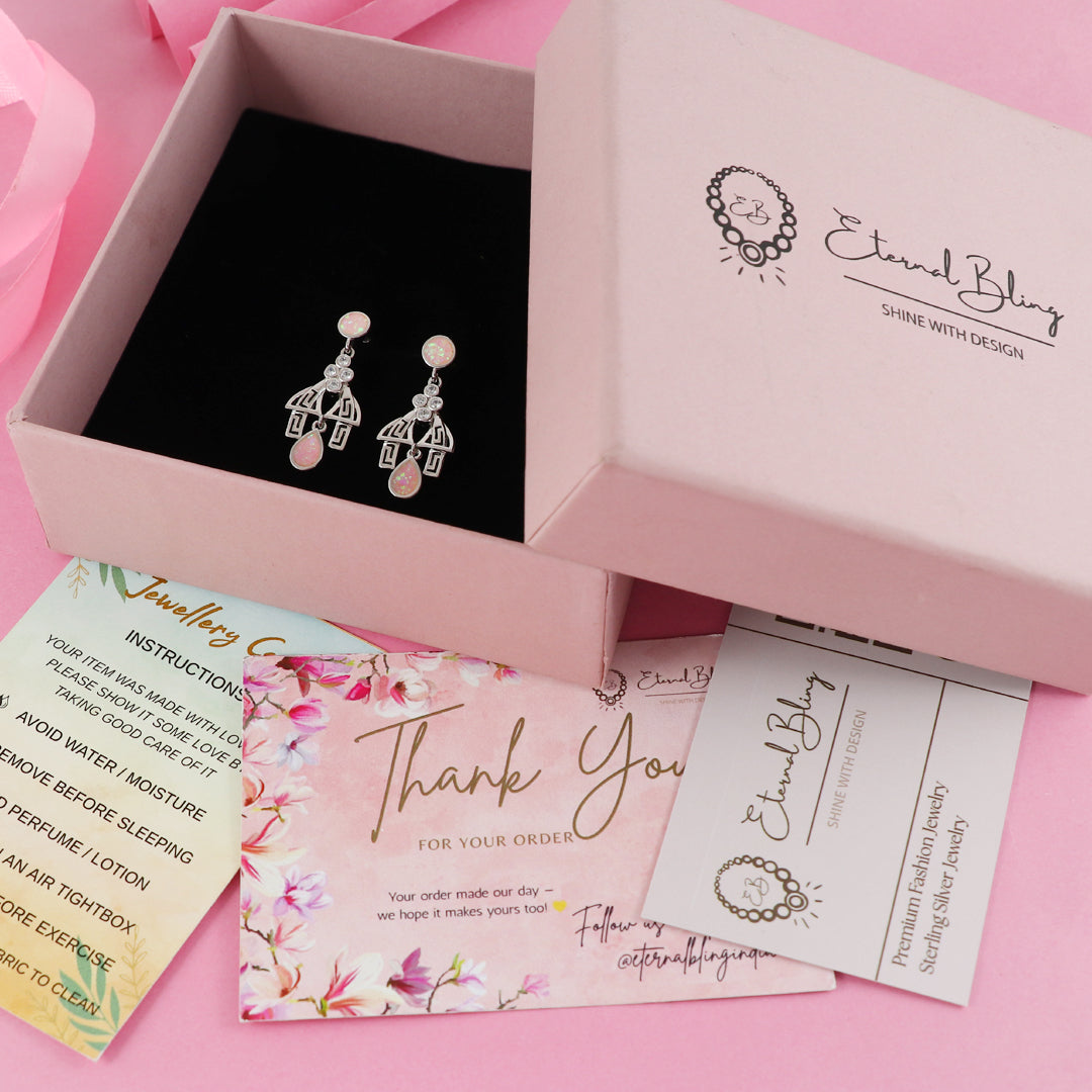 Eternal Bling Sterling Silver Opal Pink Drop Hanging Earrings