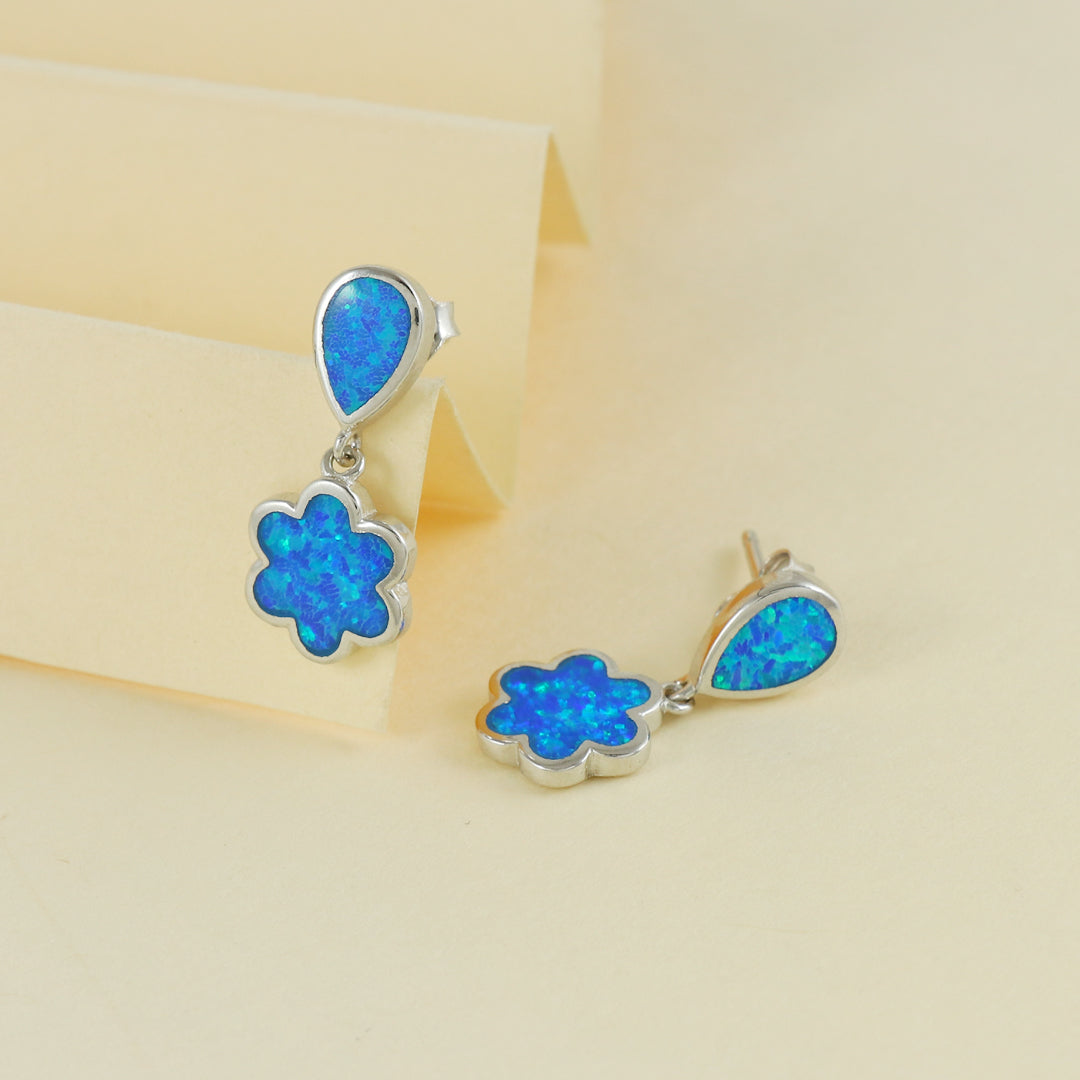 Eternal Bling Sterling Silver Blue Flower Opal Earrings