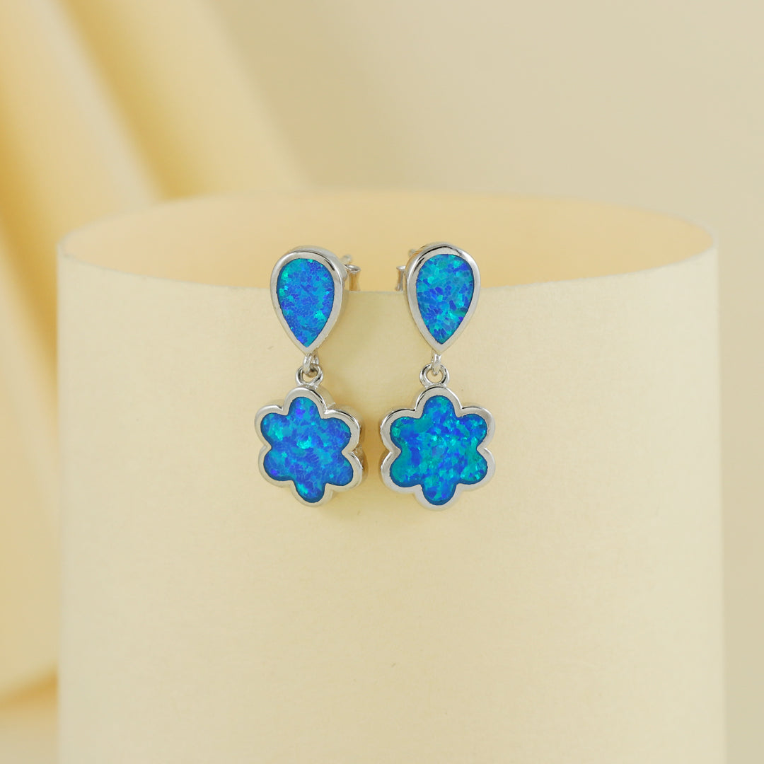 Eternal Bling Sterling Silver Blue Flower Opal Earrings