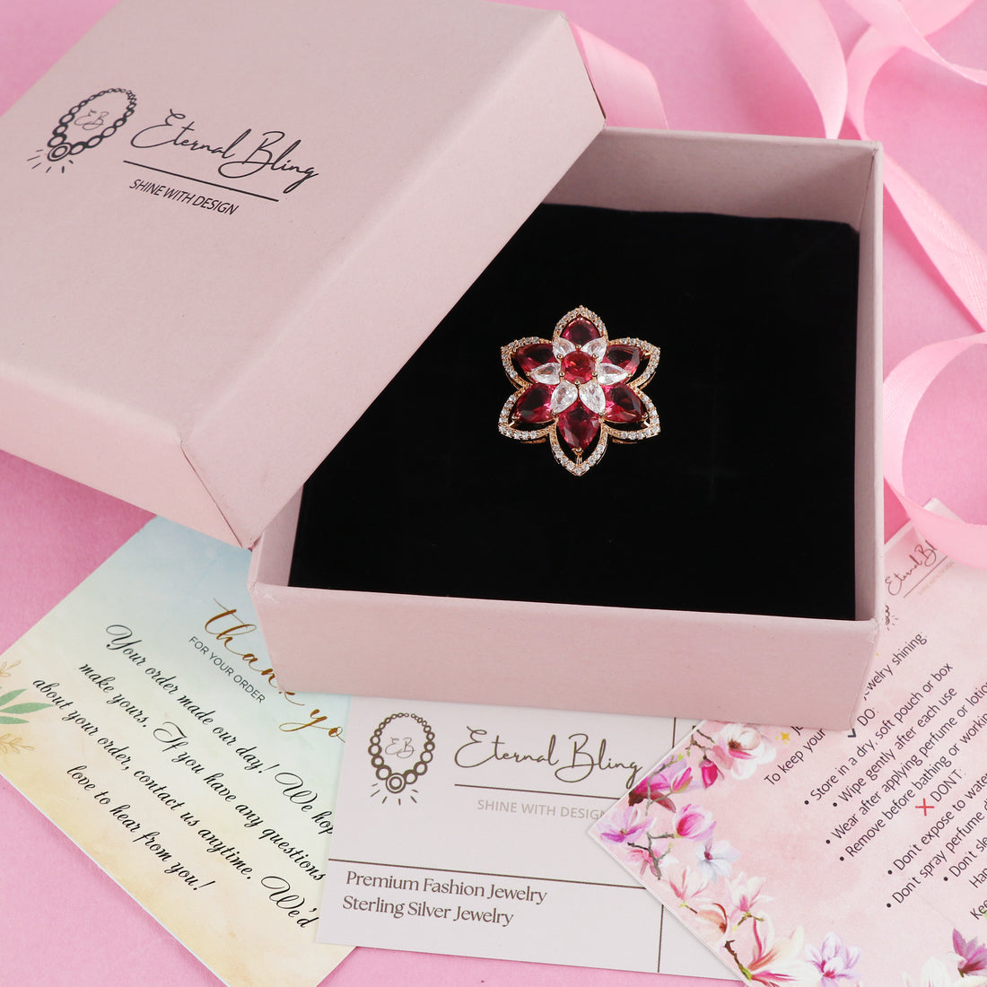 Eternal Bling Ruby Flower Designer Adjustable Ring