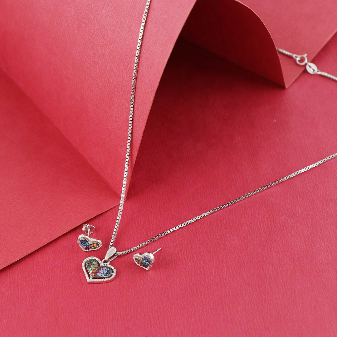 Eternal Bling Sterling Silver Swaroski Multicolor Heart Pendant Set