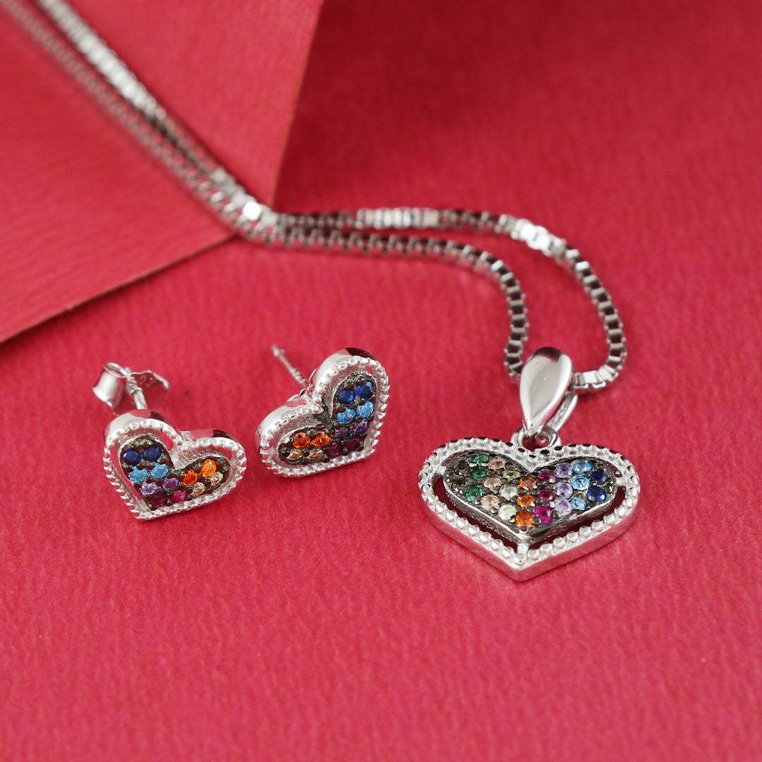 Eternal Bling Sterling Silver Swaroski Multicolor Heart Pendant Set
