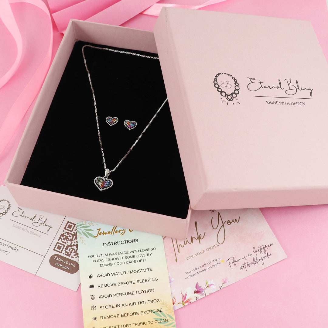 Eternal Bling Sterling Silver Swaroski Multicolor Heart Pendant Set