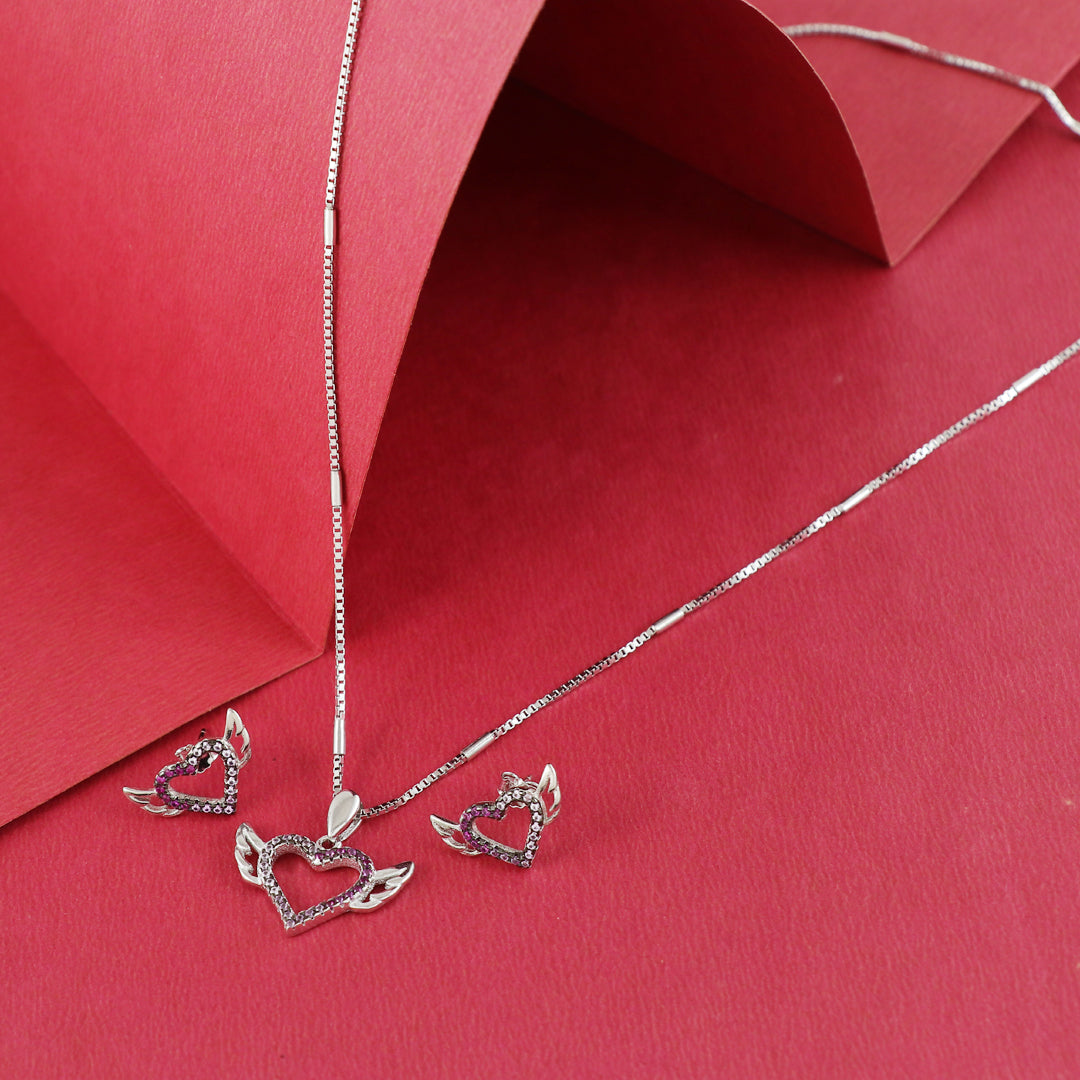 Eternal Bling Sterling Silver Swaroski Heart wings Pendant Set