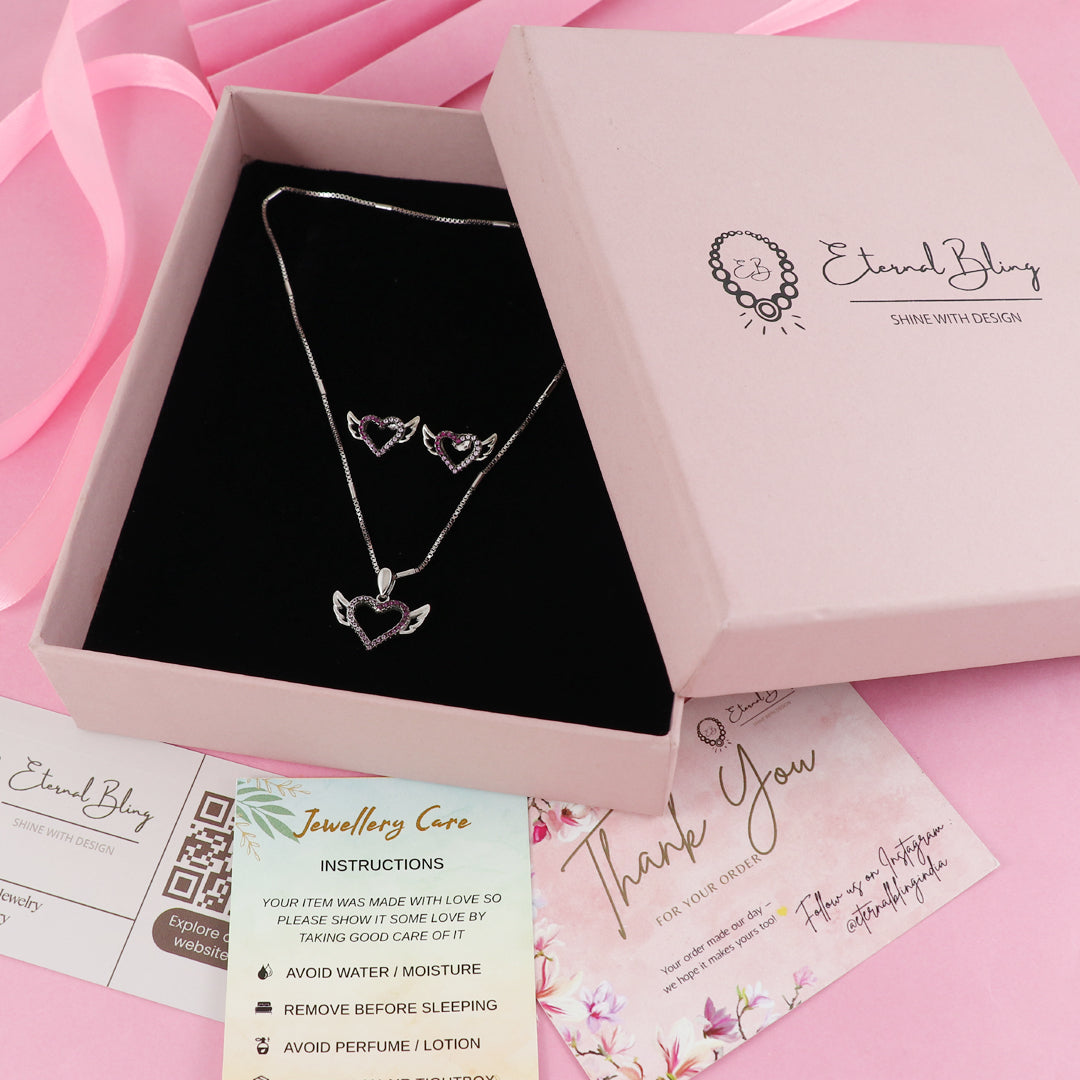 Eternal Bling Sterling Silver Swaroski Heart wings Pendant Set