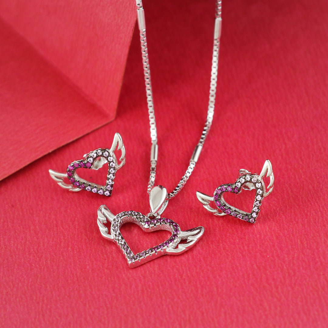 Eternal Bling Sterling Silver Swaroski Heart wings Pendant Set