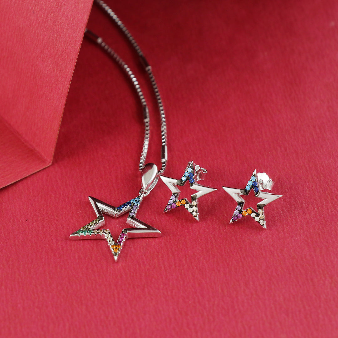 Eternal Bling Sterling Silver Swaroski Hollow Star Pendant Set
