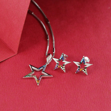 Eternal Bling Sterling Silver Swaroski Hollow Star Pendant Set