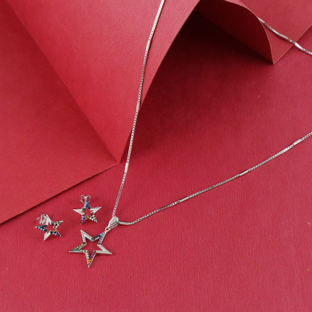 Eternal Bling Sterling Silver Swaroski Hollow Star Pendant Set