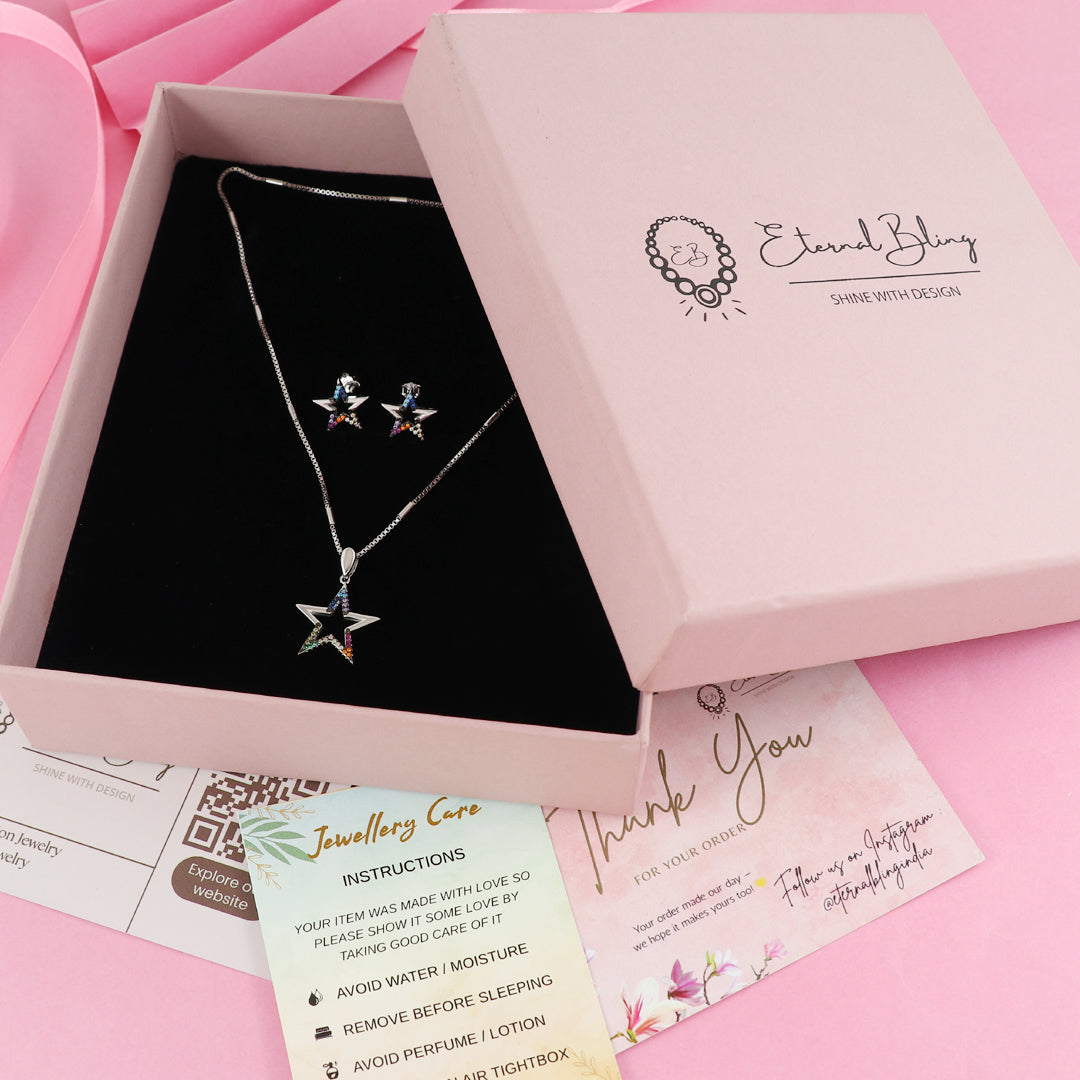 Eternal Bling Sterling Silver Swaroski Hollow Star Pendant Set