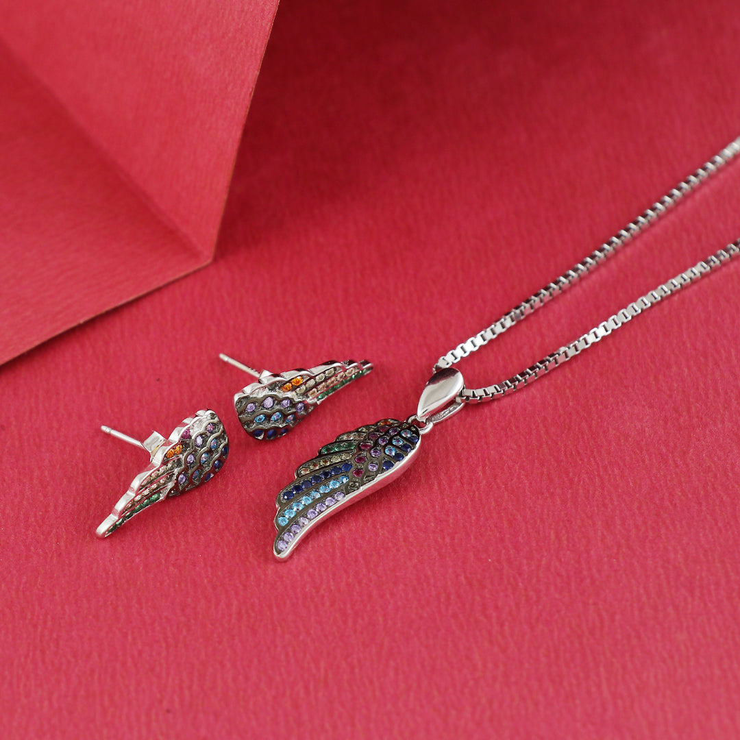Eternal Bling Sterling Silver Swaroski Multicolor Wings Pendant Set