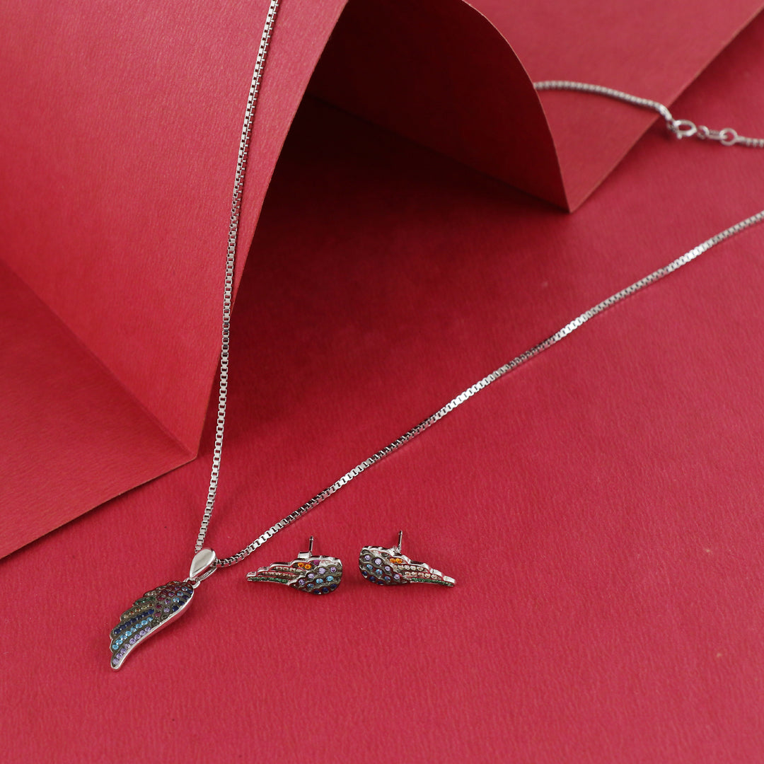 Eternal Bling Sterling Silver Swaroski Multicolor Wings Pendant Set