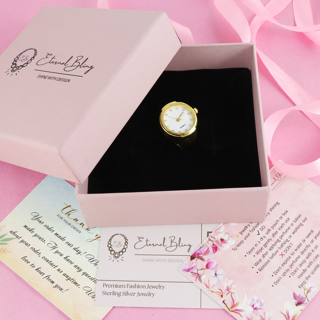 Eternal Bling Gold White Dial Ring Watch