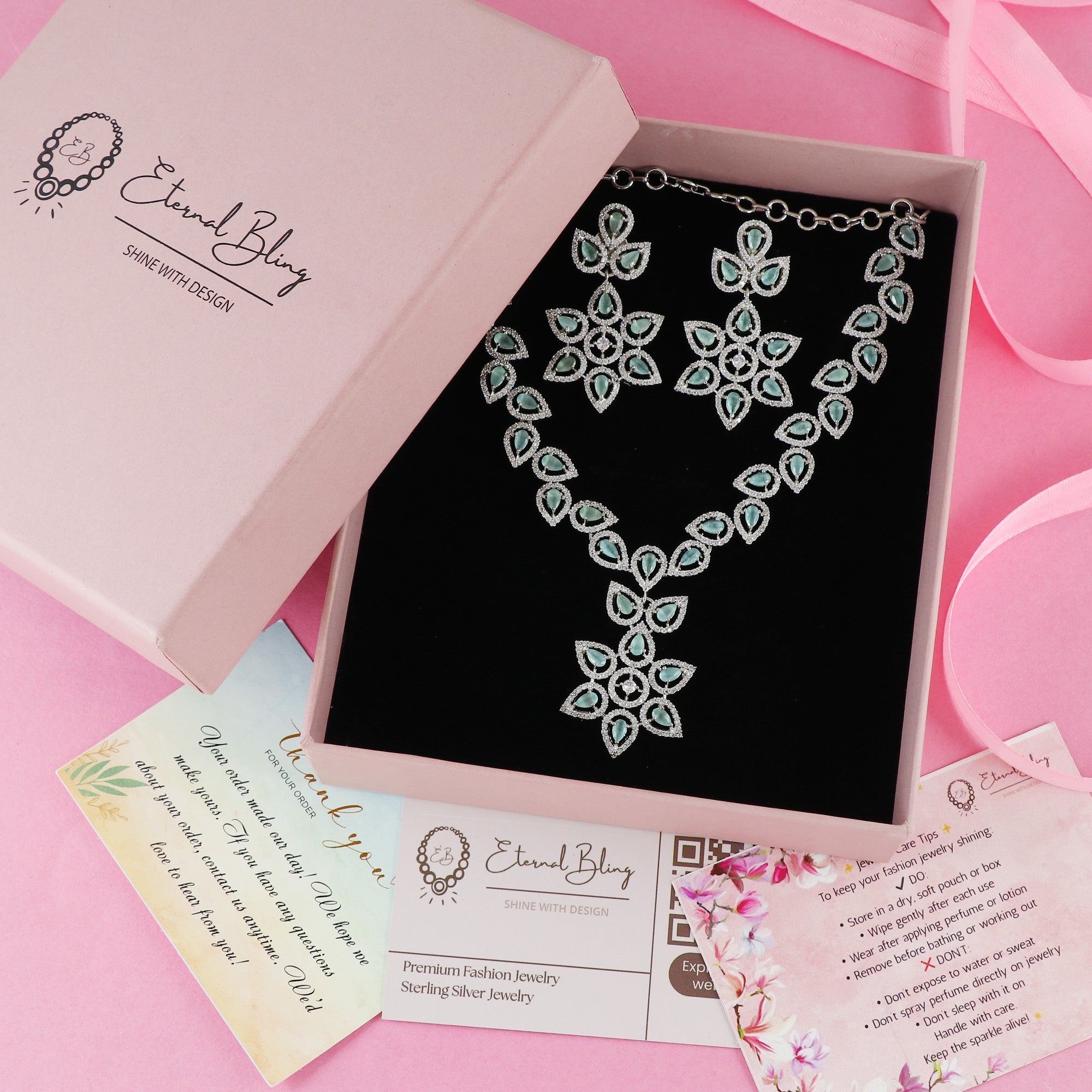Eternal Bling Big Flower Drop CZ Necklace Set