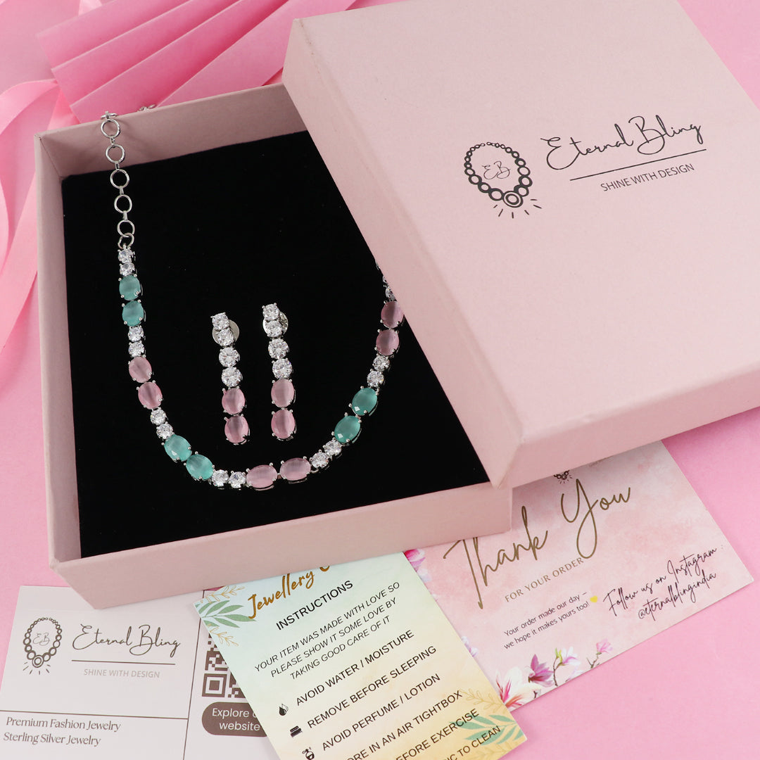 Eternal Bling Pink Mint CZ Necklace Set